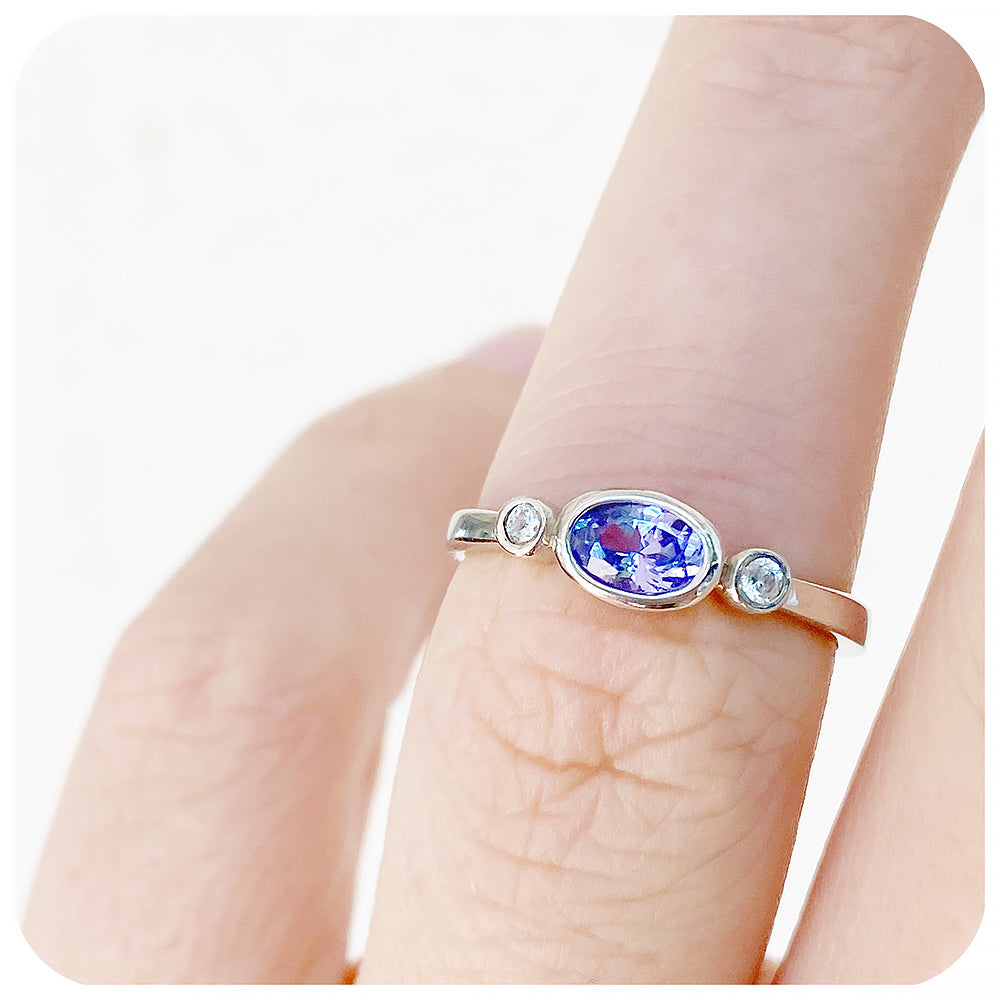 oval cut tanzanite and cubic zirconia stack ring in sterling silver