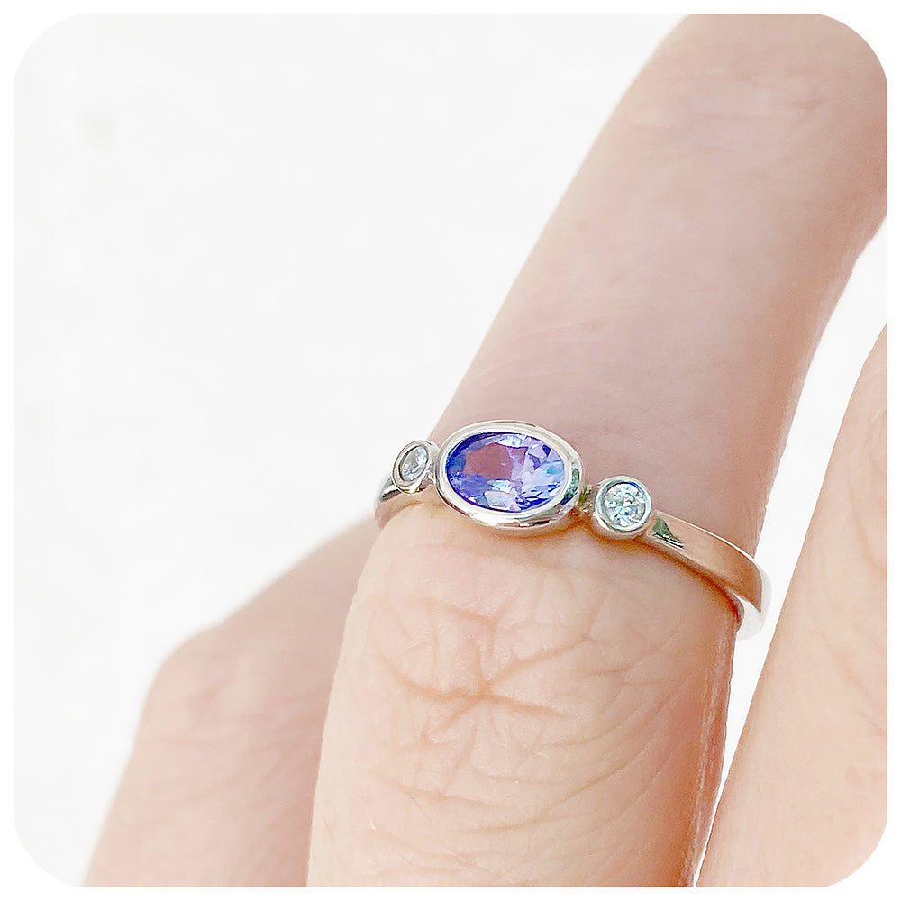 oval cut tanzanite and cubic zirconia stack ring in sterling silver
