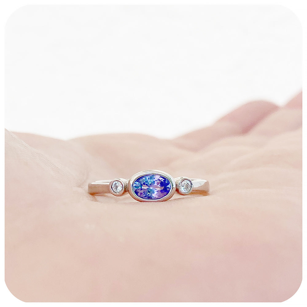 oval cut tanzanite and cubic zirconia stack ring in sterling silver