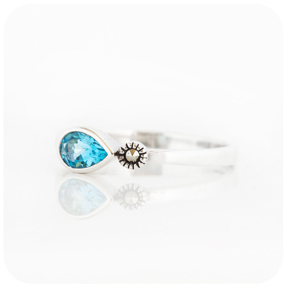 Pear cut Swiss Blue Topaz and Marcasite Stack Ring in Sterling Silver