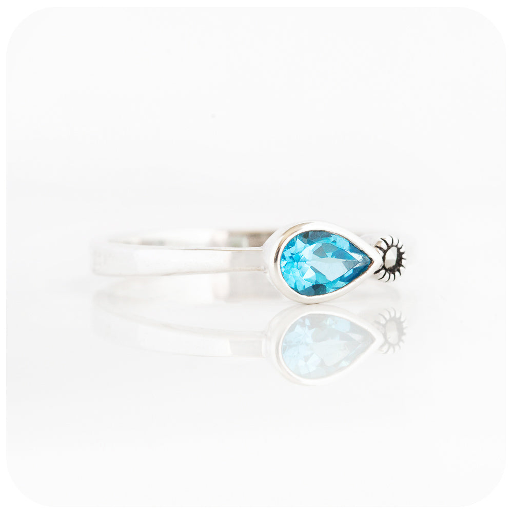Pear cut Swiss Blue Topaz and Marcasite Stack Ring in Sterling Silver