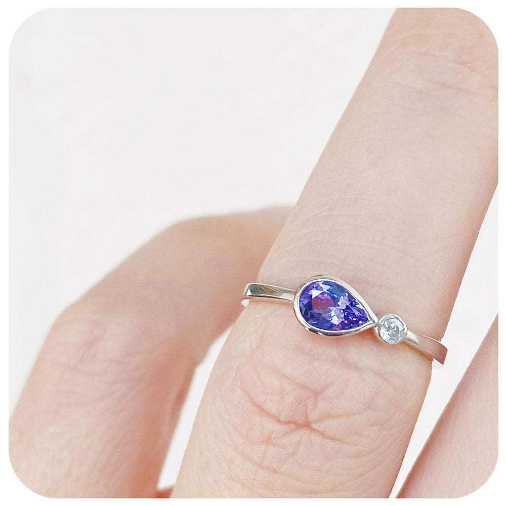 Pear cut Tanzanite and Moissanite Engagement Wedding Ring - Victoria's Jewellery