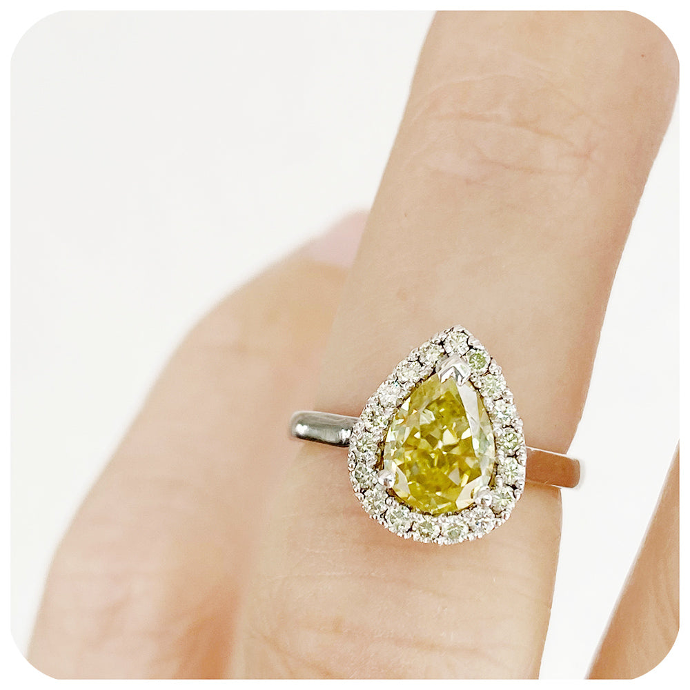 Fancy Yellow Pear cut Moissanite and Halo Engagement Wedding Ring - Victoria's Jewellery