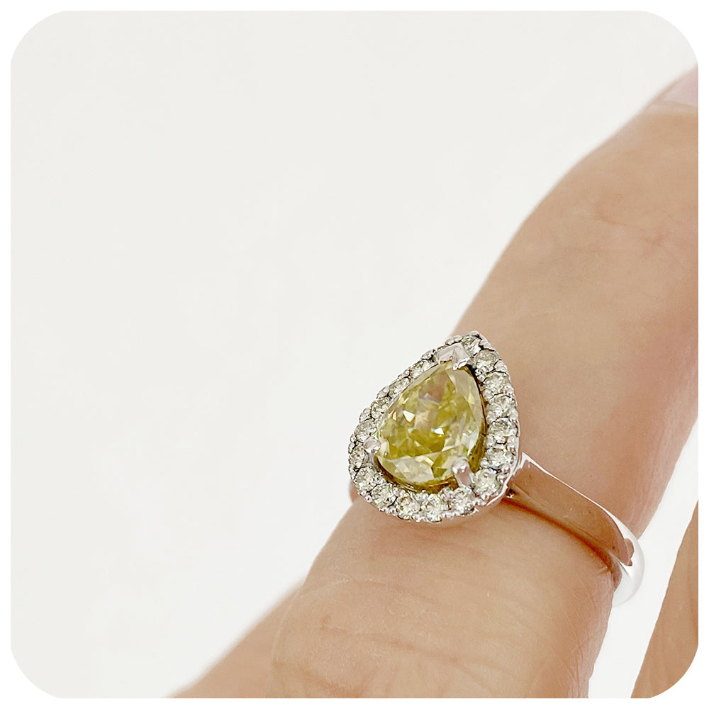 Fancy Yellow Pear cut Moissanite and Halo Engagement Wedding Ring - Victoria's Jewellery
