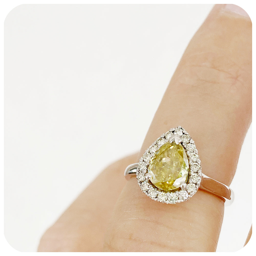 Fancy Yellow Pear cut Moissanite and Halo Engagement Wedding Ring - Victoria's Jewellery
