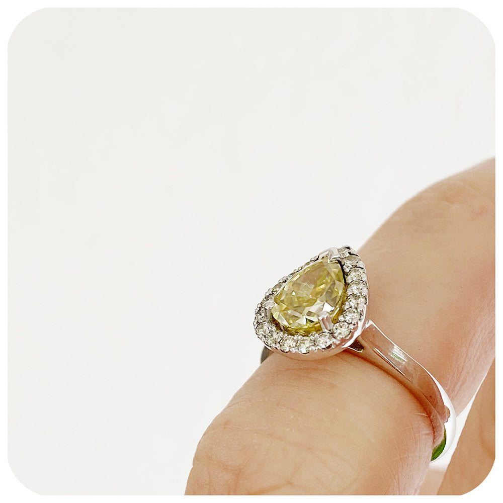 Fancy Yellow Pear cut Moissanite and Halo Engagement Wedding Ring - Victoria's Jewellery