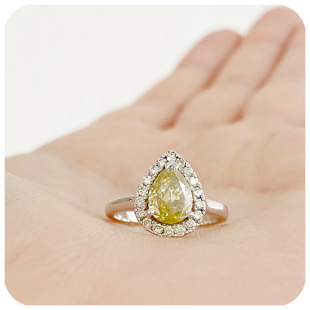 Fancy Yellow Pear cut Moissanite and Halo Engagement Wedding Ring - Victoria's Jewellery
