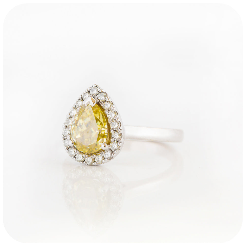 Fancy Yellow Pear cut Moissanite and Halo Engagement Wedding Ring - Victoria's Jewellery