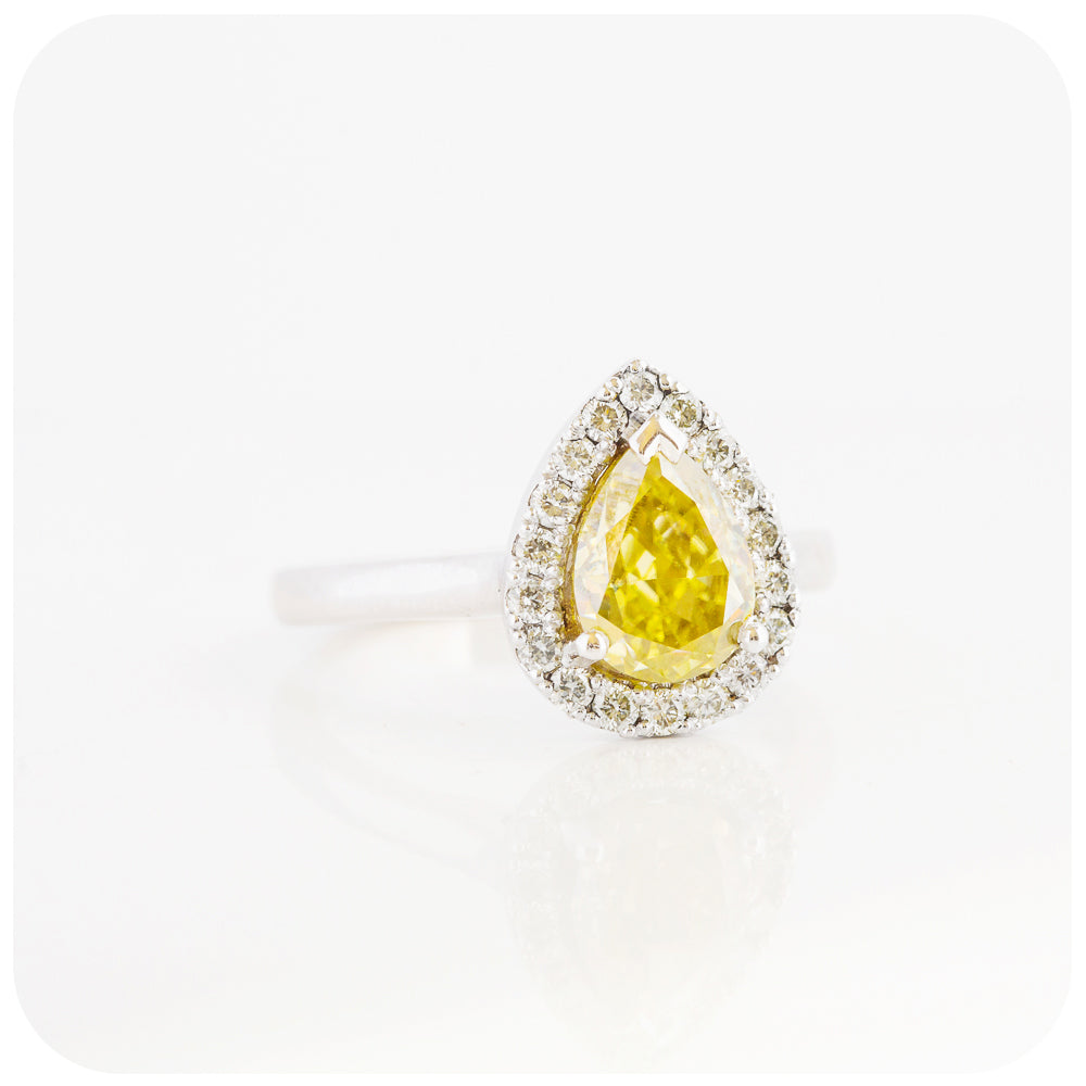 Fancy Yellow Pear cut Moissanite and Halo Engagement Wedding Ring - Victoria's Jewellery