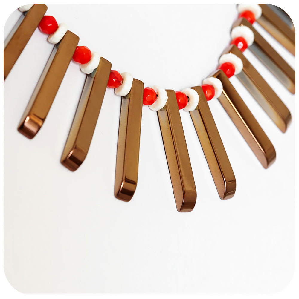 Coral, Ostrich shell and Hematite Necklace - Victoria's Jewellery