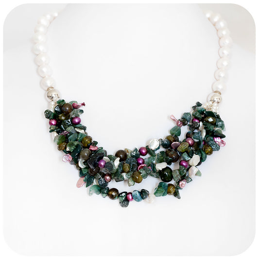 White Fresh Water Pearl, Labradorite and Jasper Necklace - Victoria's Jewellery