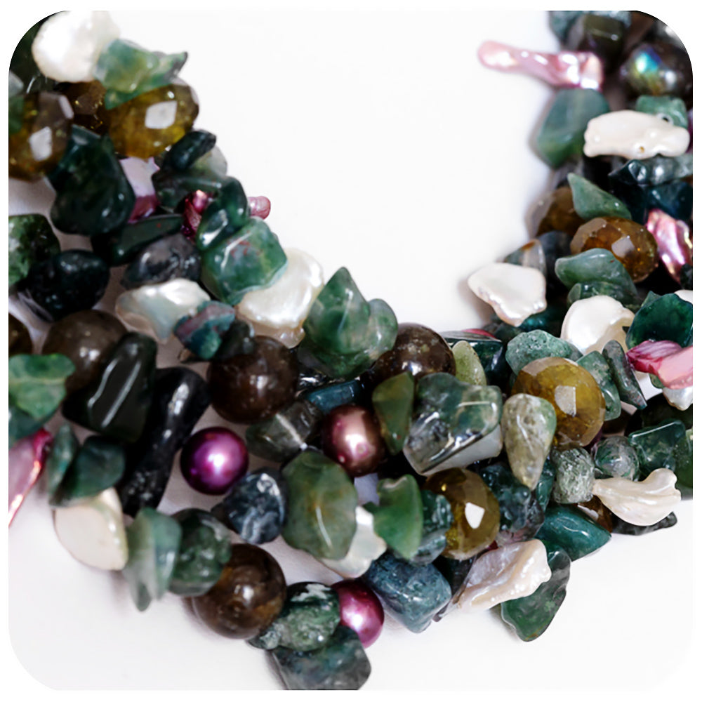 White Fresh Water Pearl, Labradorite and Jasper Necklace - Victoria's Jewellery