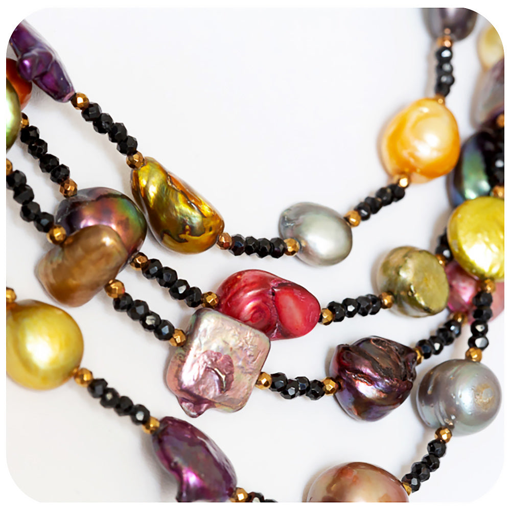 White Fresh Water Pearl, Onyx and Multi-Colour Biwa Pearl Necklace - Victoria's Jewellery