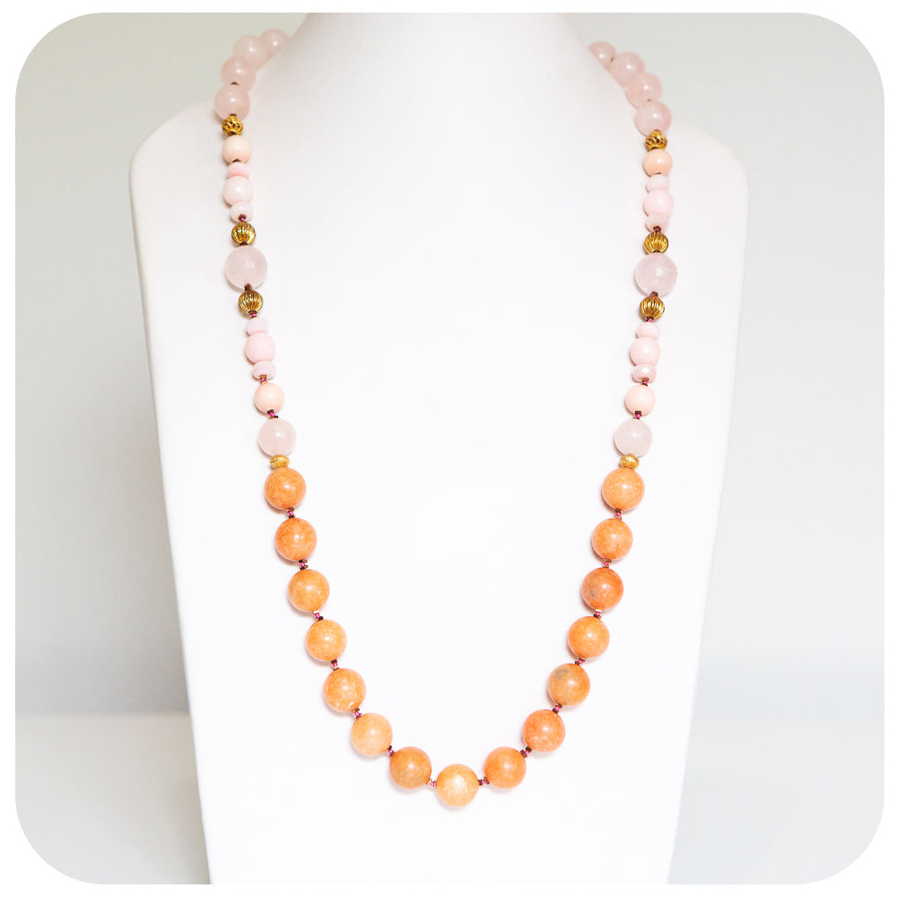 The Pink Opal, Rose Quartz and Orange Calcite Necklace with Gold Details
