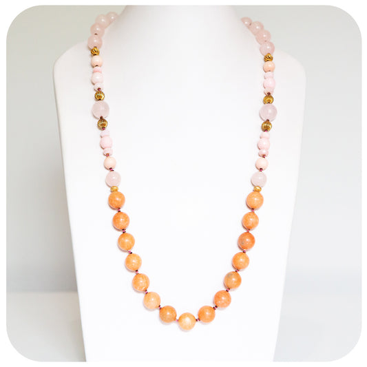 The Pink Opal, Rose Quartz and Orange Calcite Necklace with Gold Details