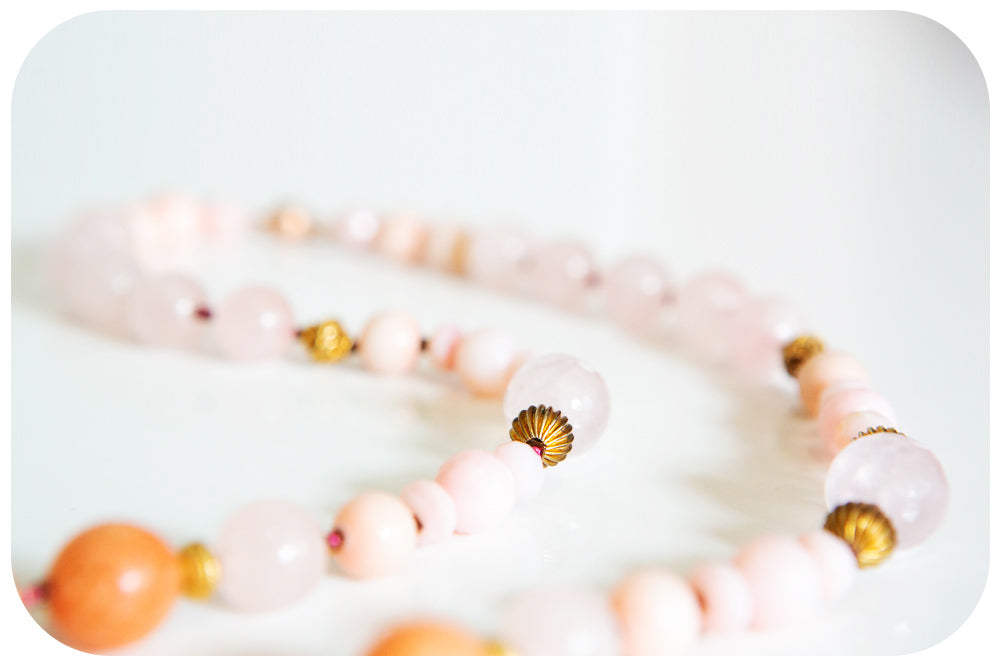 The Pink Opal, Rose Quartz and Orange Calcite Necklace with Gold Details