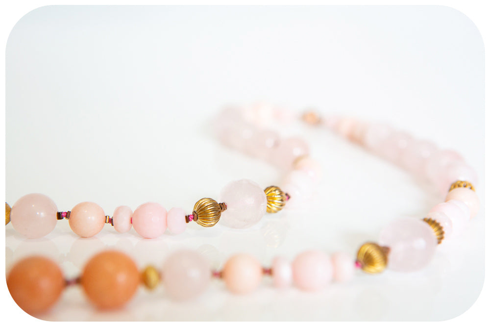 The Pink Opal, Rose Quartz and Orange Calcite Necklace with Gold Details