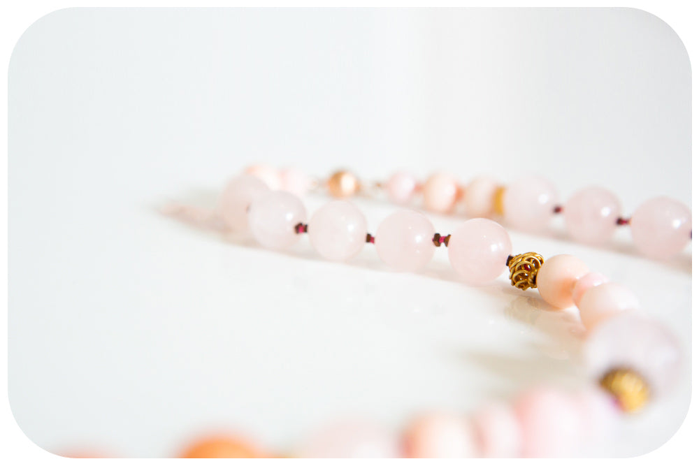 The Pink Opal, Rose Quartz and Orange Calcite Necklace with Gold Details