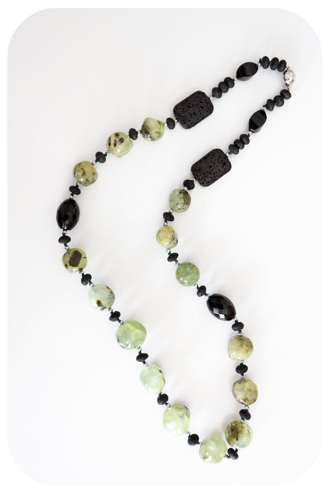 Prehnite, Onyx, Volcanic Rock and Hematite Detail Necklace - 70cm