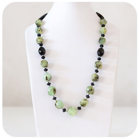 Prehnite, Onyx, Volcanic Rock and Hematite Detail Necklace - 70cm
