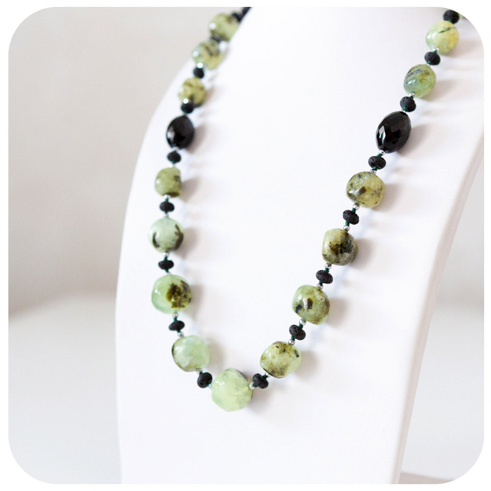 Prehnite, Onyx, Volcanic Rock and Hematite Detail Necklace - 70cm