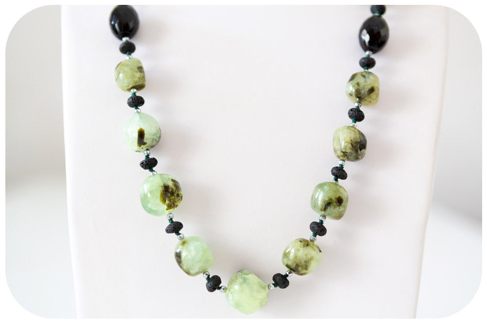 Prehnite, Onyx, Volcanic Rock and Hematite Detail Necklace - 70cm