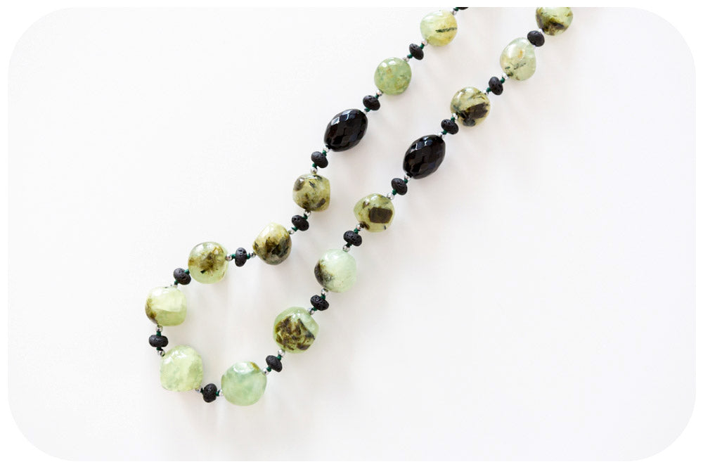 Prehnite, Onyx, Volcanic Rock and Hematite Detail Necklace - 70cm