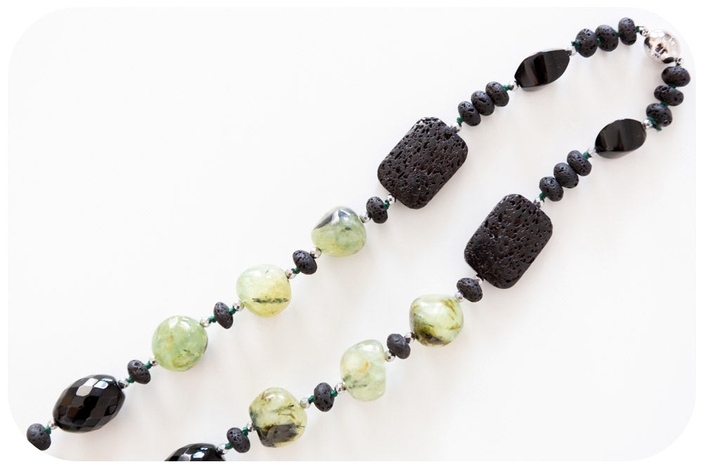 Prehnite, Onyx, Volcanic Rock and Hematite Detail Necklace - 70cm