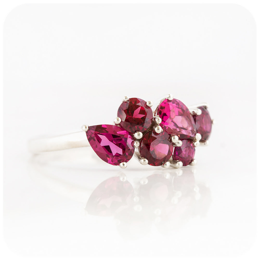 reddish-pink rhodolite garnet cluster anniversary ring