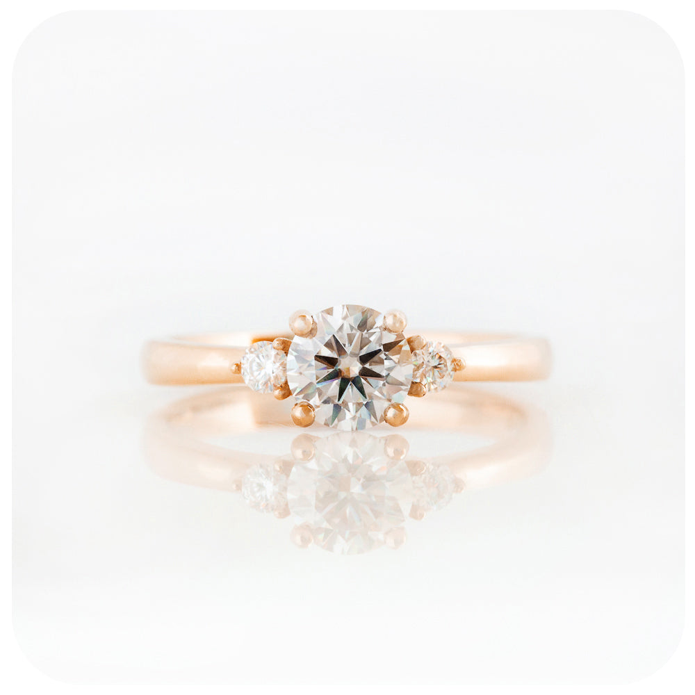 Round Brilliant cut Lab Diamond Trilogy Engagement Ring in Rose Gold - Victoria's Jewellery