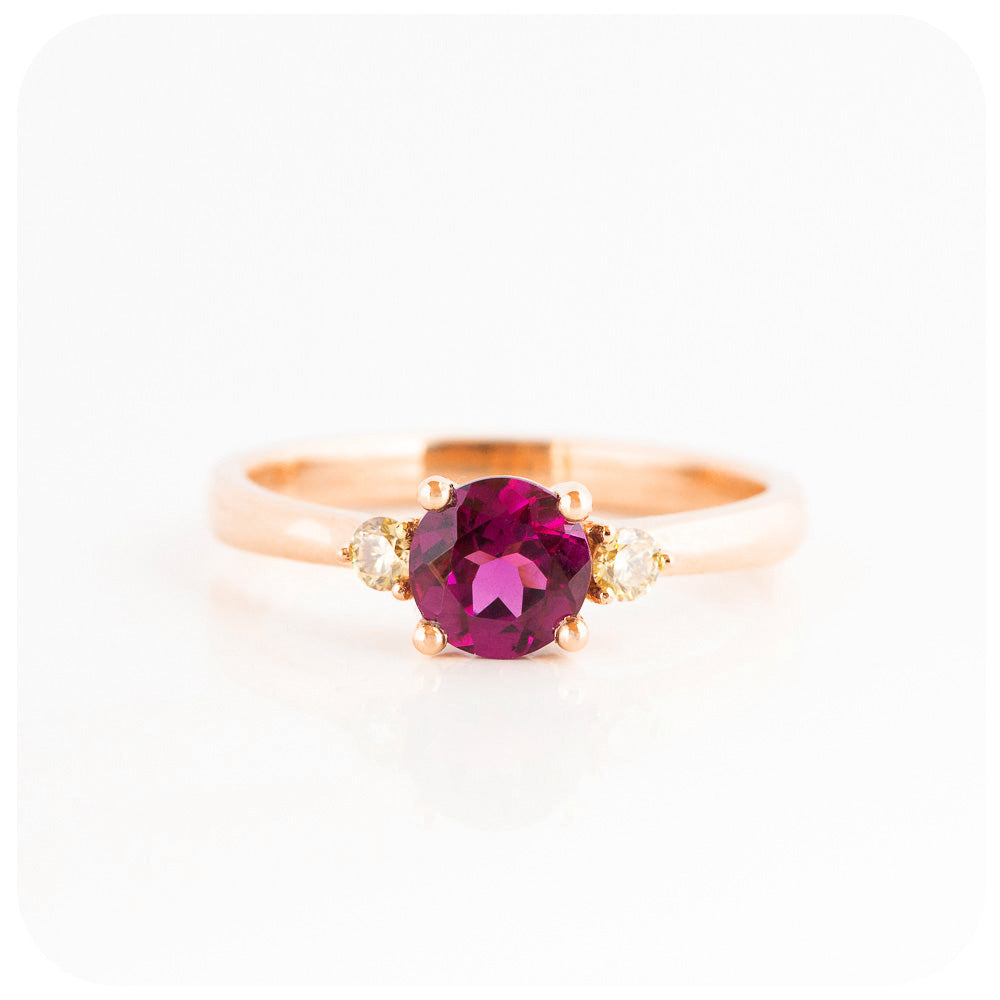 rhodolite and moissanite brilliant round cut trilogy engagement wedding ring