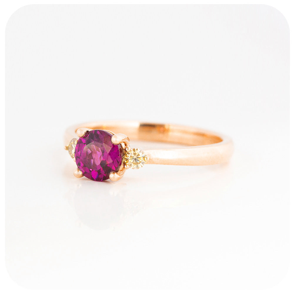 rhodolite and moissanite brilliant round cut trilogy engagement wedding ring