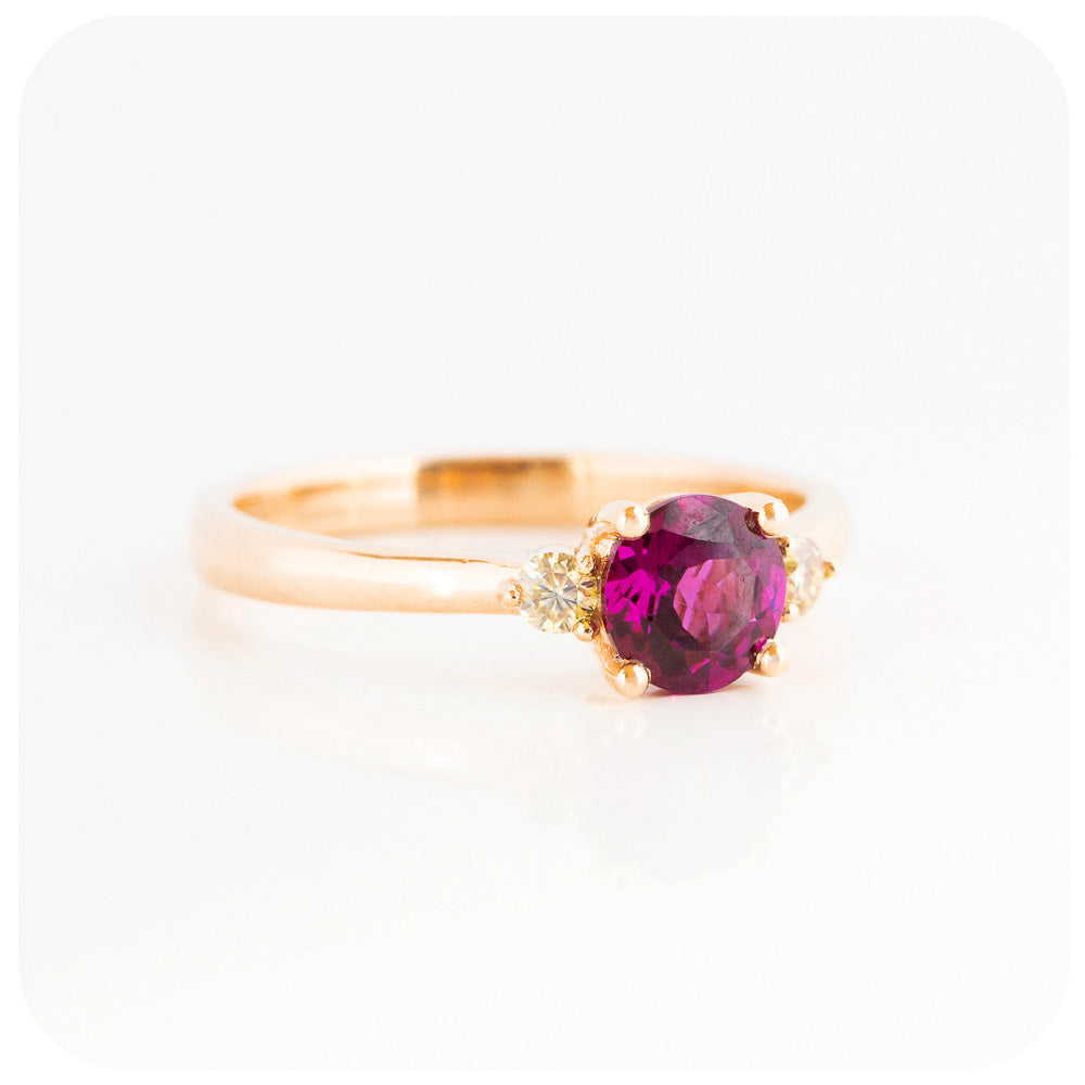 rhodolite and moissanite brilliant round cut trilogy engagement wedding ring
