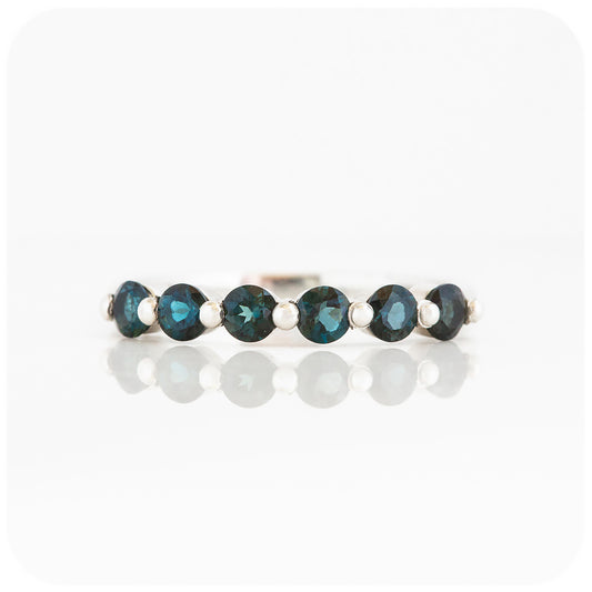 teal london blue topaz half eternity stack ring with shared claws