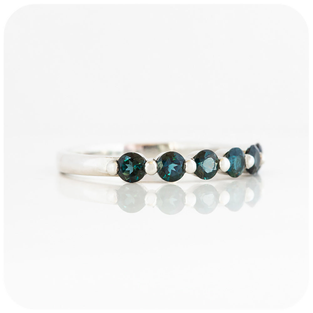 teal london blue topaz half eternity stack ring with shared claws