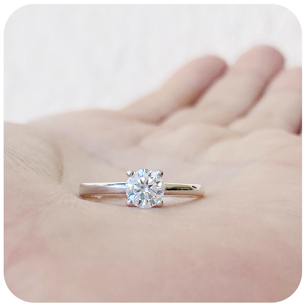 April, a Brilliant cut Moissanite Solitaire Ring