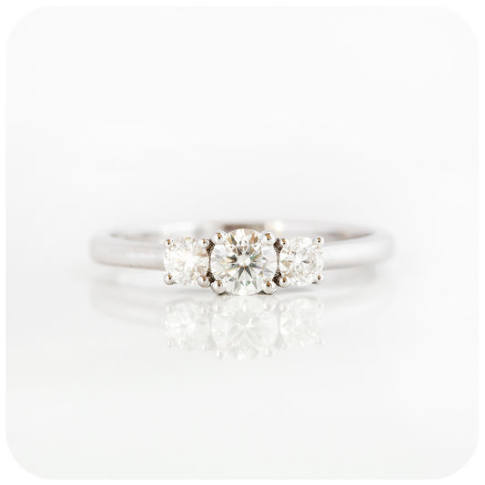 brilliant round cut moissanite trilogy engagement ring - Victoria's Jewellery