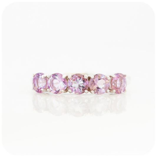 brilliant cut pink amethyst half eternity anniversary or birthstone ring