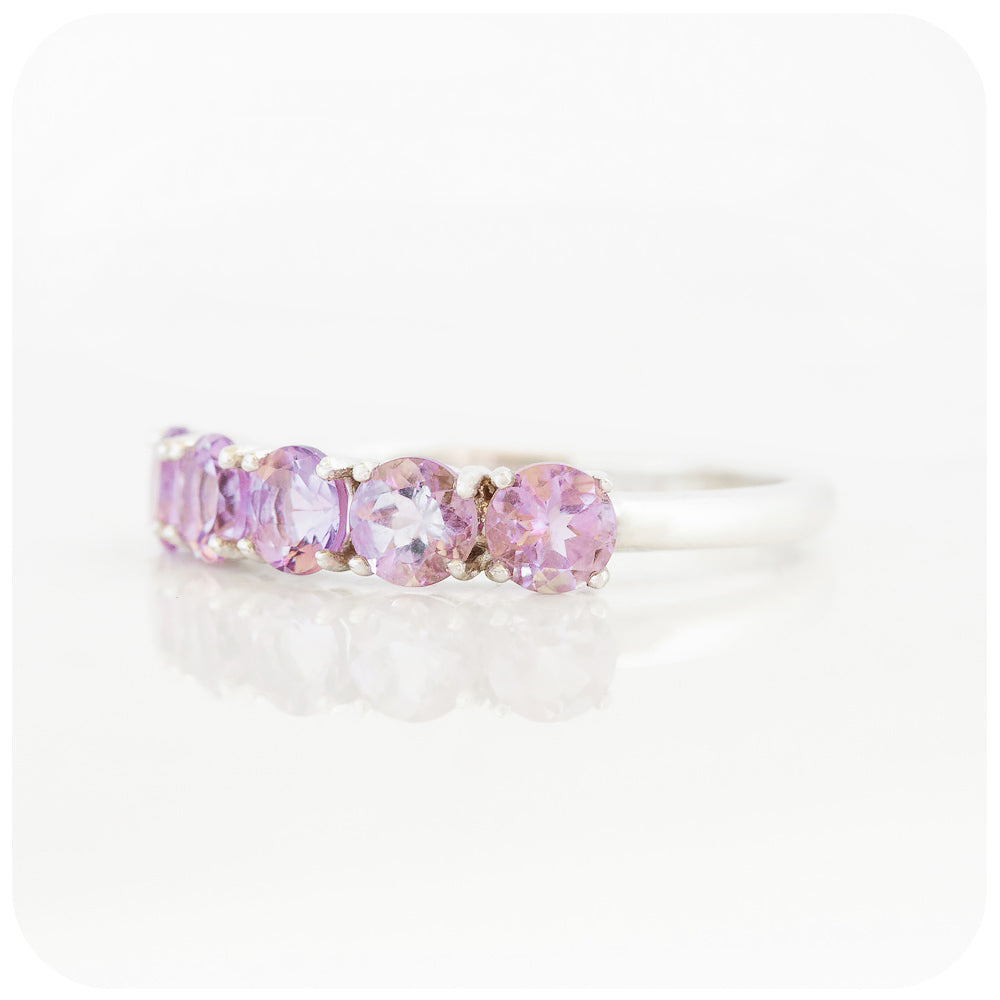 brilliant cut pink amethyst half eternity anniversary or birthstone ring