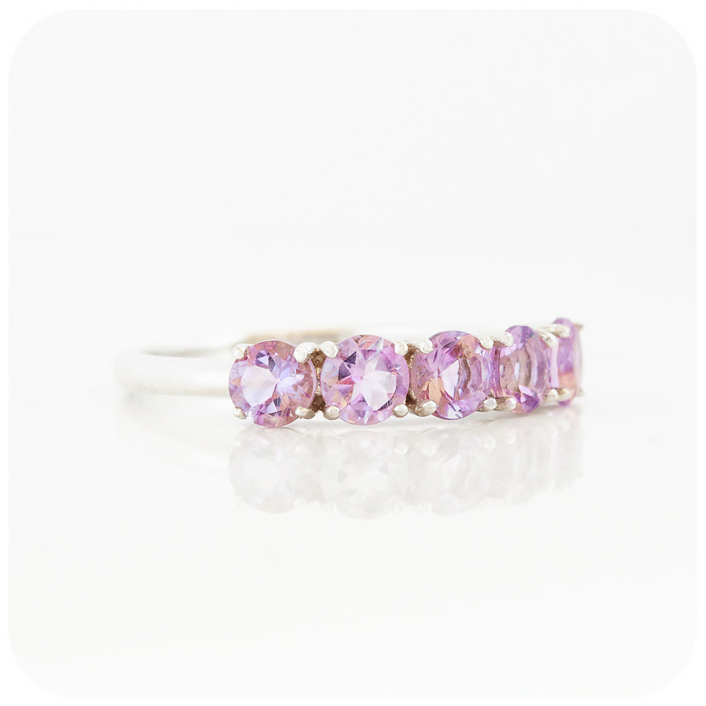 brilliant cut pink amethyst half eternity anniversary or birthstone ring