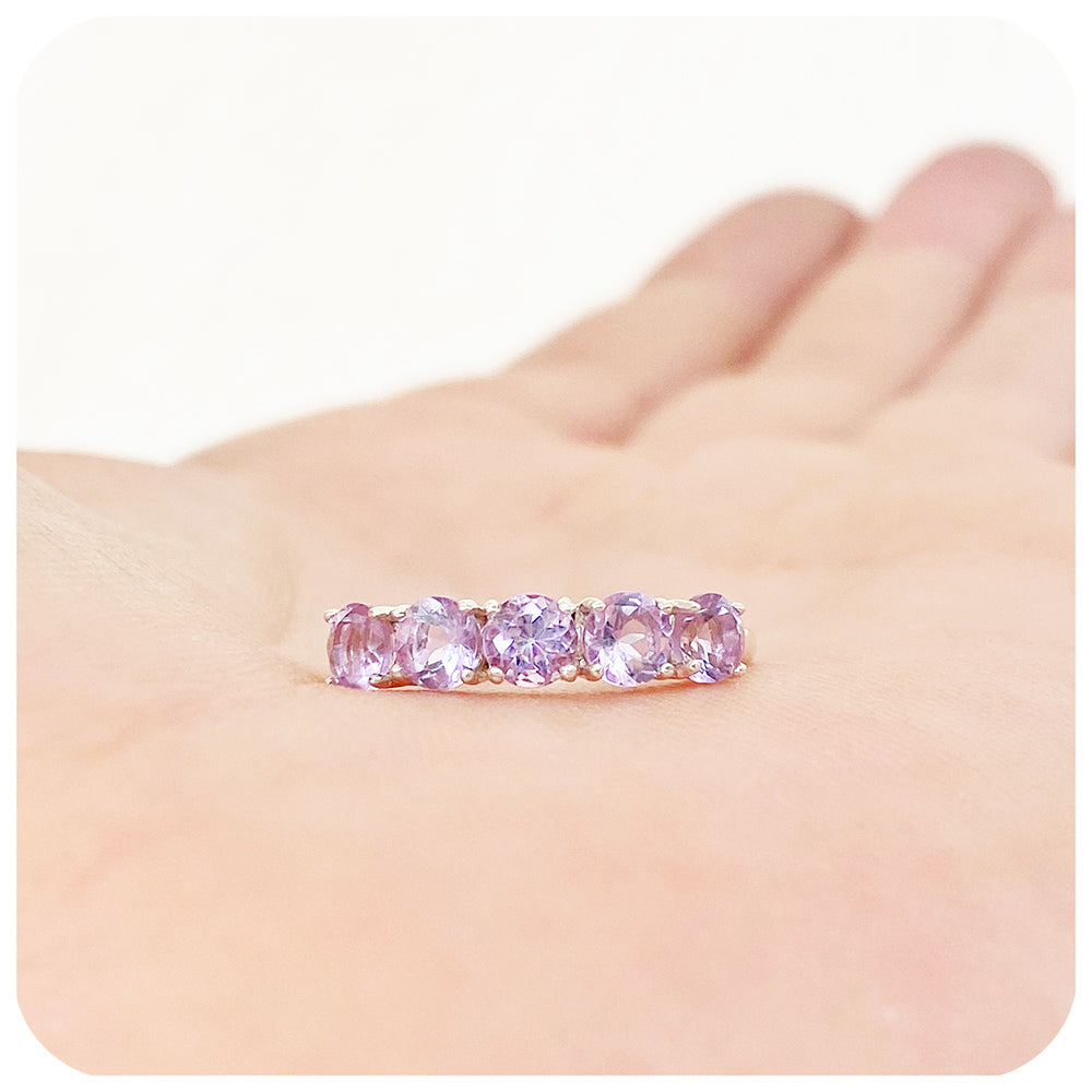 brilliant cut pink amethyst half eternity anniversary or birthstone ring