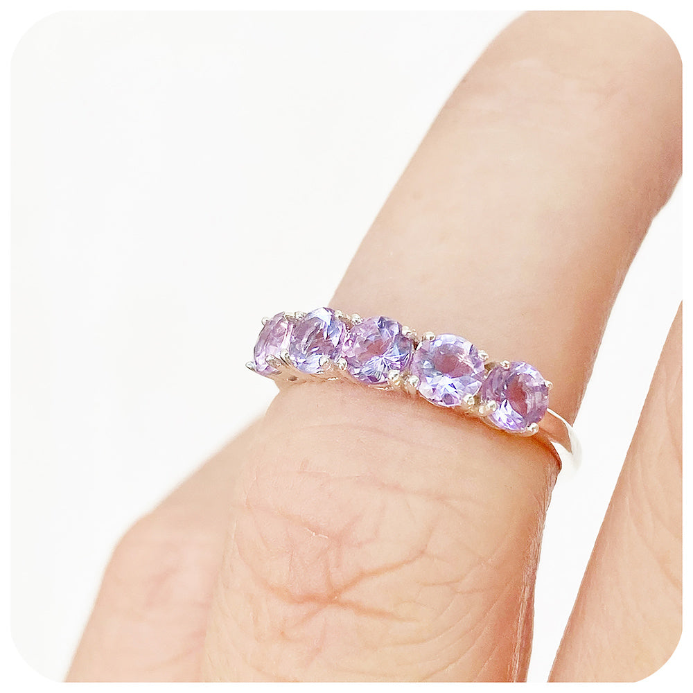 brilliant cut pink amethyst half eternity anniversary or birthstone ring