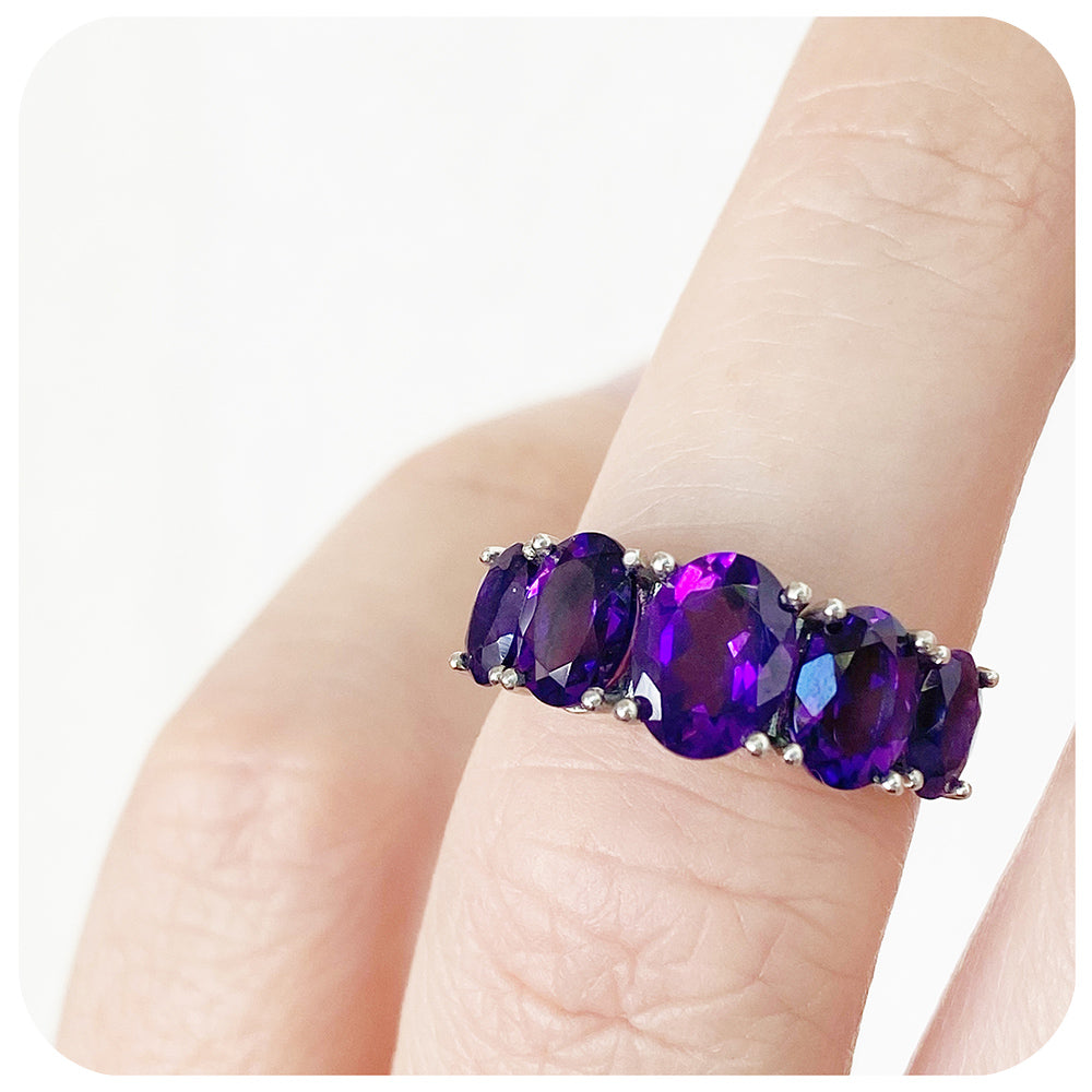 Oval cut Amethyst half eternity Anniversary Ring in White Gold - Victoria's Jewellery