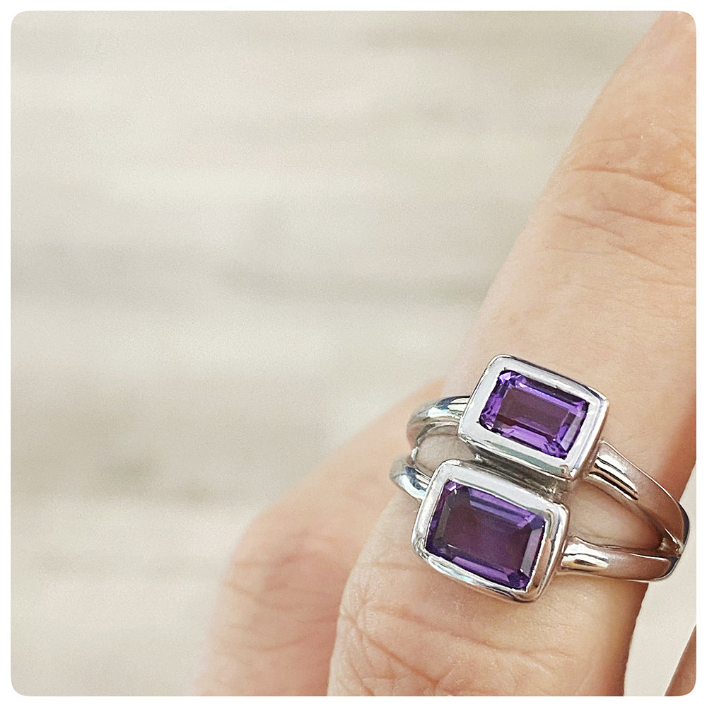 Double Emerald Cut Amethyst Ring in Sterling Silver - Victoria's Jewellery