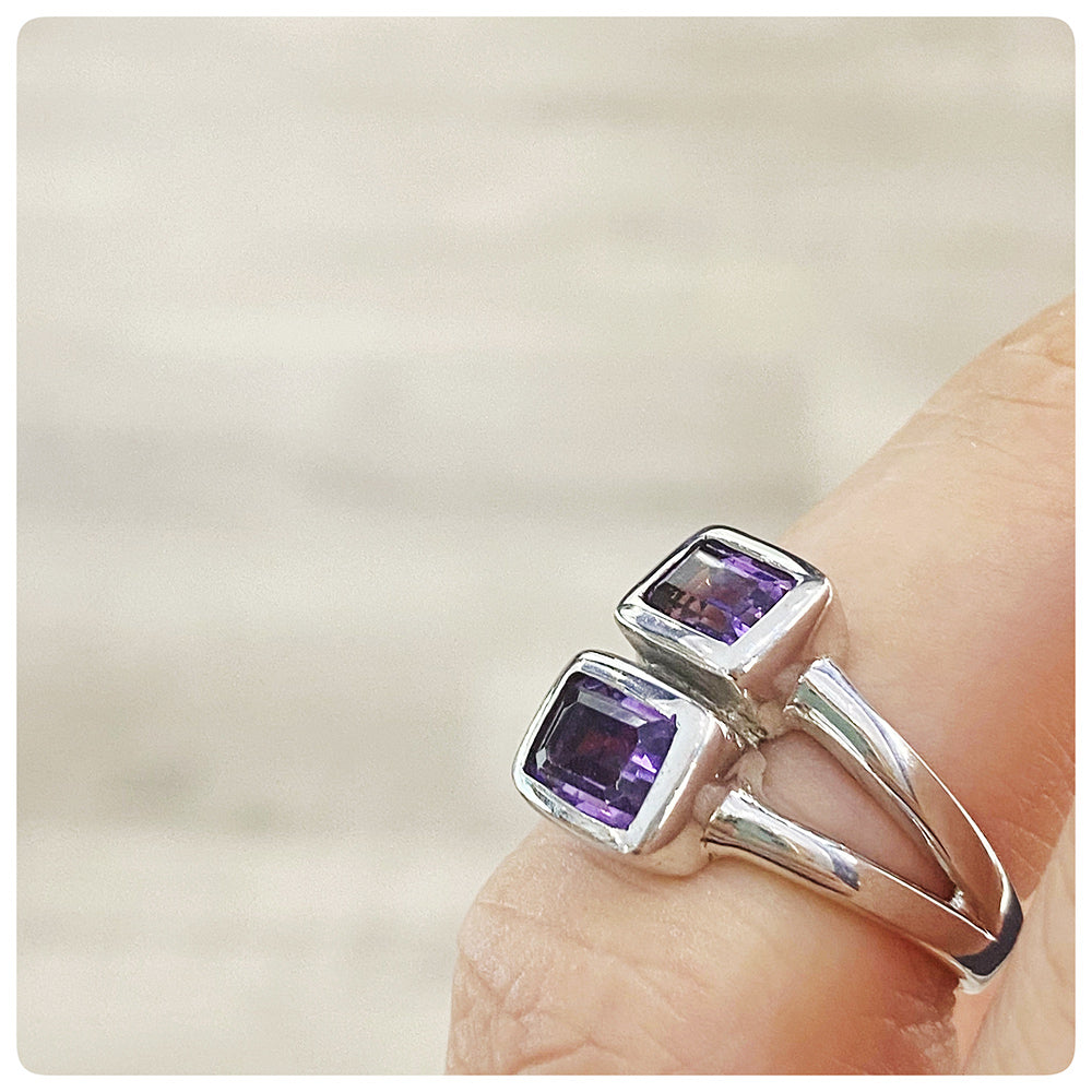 Double Emerald Cut Amethyst Ring in Sterling Silver - Victoria's Jewellery