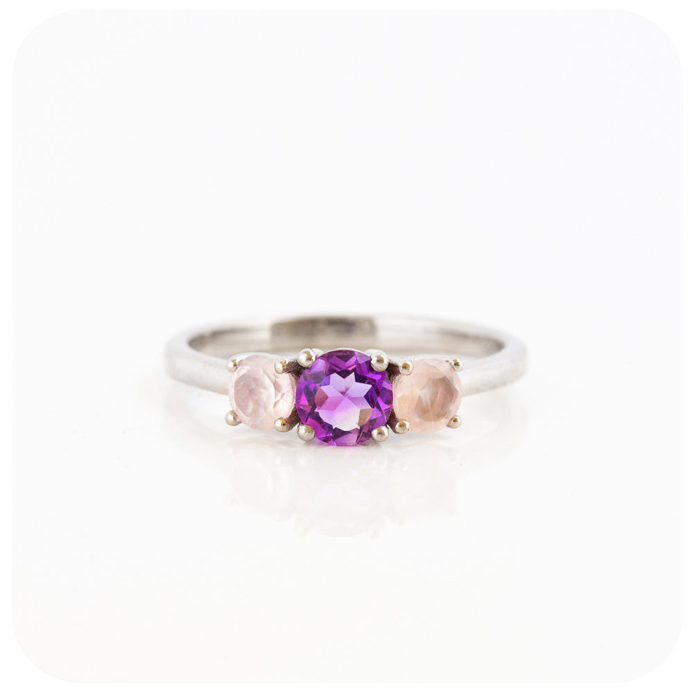 Amethyst and Rose Quartz Round cut Trilogy Ring