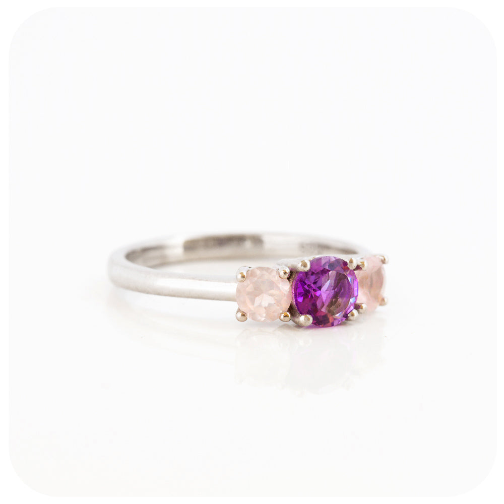 Amethyst and Rose Quartz Round cut Trilogy Ring