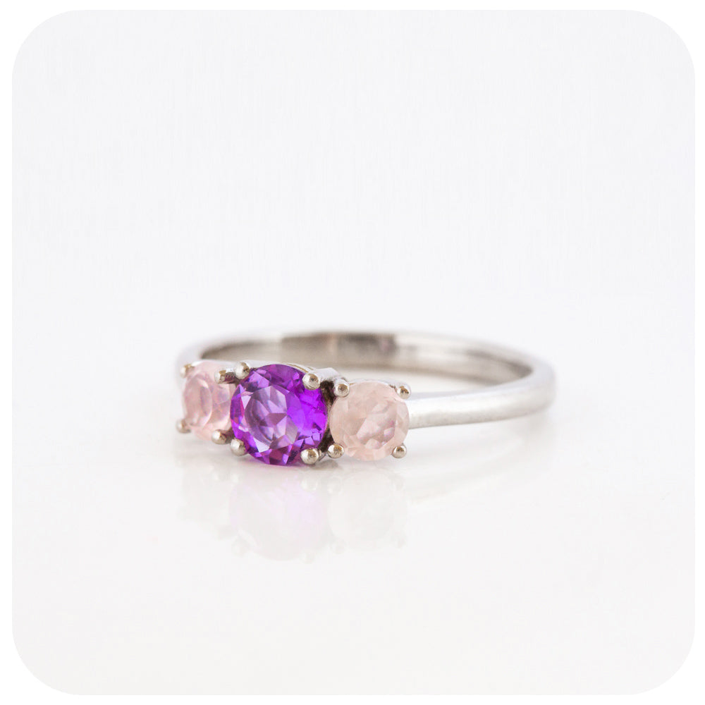 Amethyst and Rose Quartz Round cut Trilogy Ring