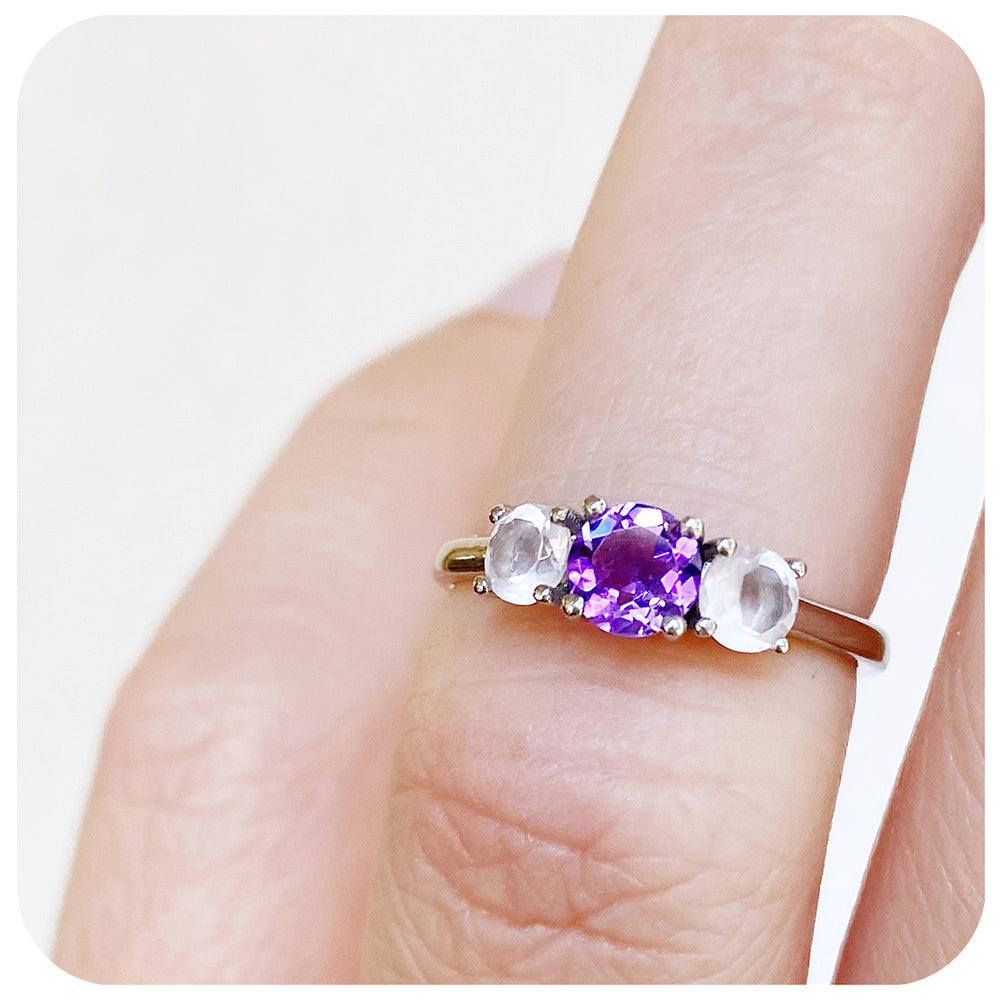 Amethyst and Rose Quartz Round cut Trilogy Ring