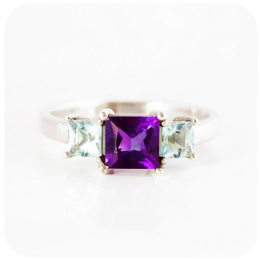 Princess cut Amethyst and Sky Blue Topaz Trilogy Ring in Sterling Silver